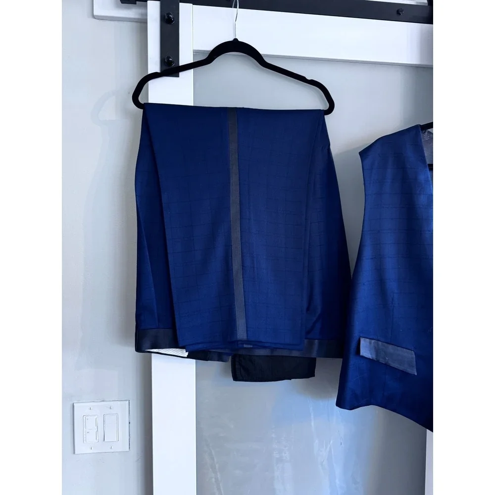 Lou‎ Myles Men's 52 Navy Blue Tuxedo 3 Piece Suit Vest 47x28 Satin Trim VTG